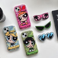 Powerpuff sunglasses holder 14 Phone Case Sweet Cool Cute Anime Stand iPhone 12 13 14 Pro Max Feitian Little Police Officer Silicone Ne