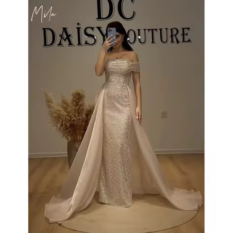 Mila Off the Shoulder Customized Party Dresses Mermaid Sleeveless Beaded Prom Dresses Elegant Detach