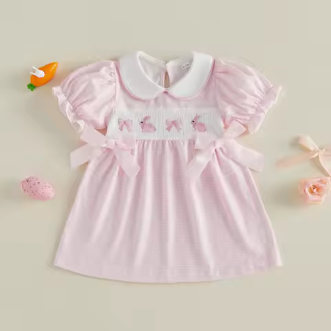 Toddler Little Baby Girl Easter Outfit Bunny Embroidery Dress Short Sleeve Smocked Easter Dresses fo