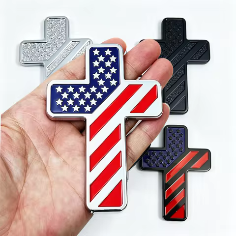 3D Metal Cross Car Emblem American US Flag Rhinestone Sticker Christian Religious Auto Decal for Tru