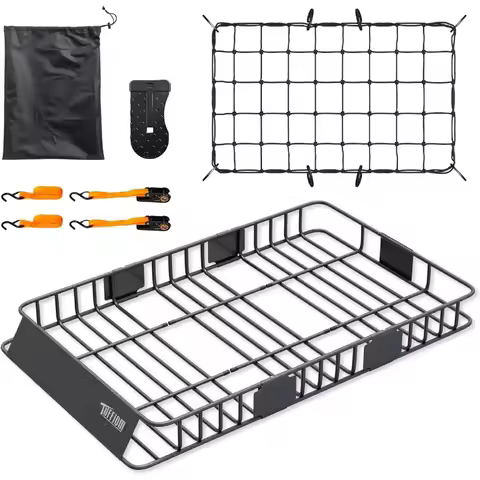 TUFFIOM 64 x 39 x 6 Extendable Rooftop Cargo Carrier Basket Universal Steel Roof Rack Basket with Ne