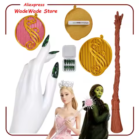 Elphaba Glinda Badge Cosplay Wand Broom Fake Nail Art Movie Roleplay Costume Accessories Outfits Hal