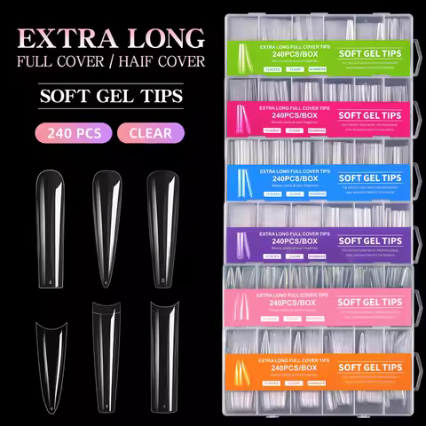 Extra Long Coffin Nail Tips No C Curve 240Pcs XXXL Coffin Nails Clear Acrylic Nails Tips, Half Cover