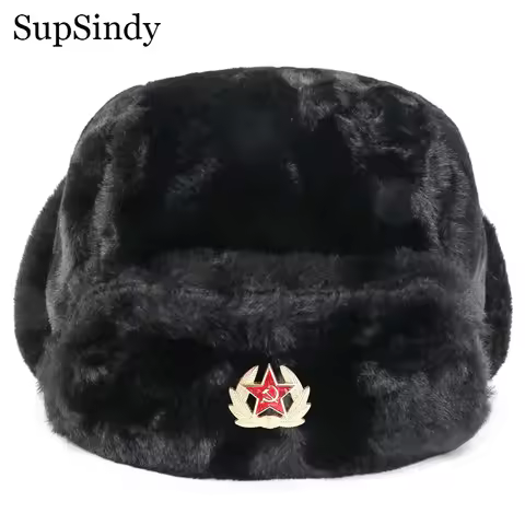 SupSindy Soviet Badge Ushanka Men&Women Bomber Hats CCCP Army Pilot Trapper Trooper Hat Winter Faux 