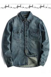 FRANK'S特進款-美式品牌RIFF ROCK 厚挺 牛仔工作襯衫 直條 貼布 日系 復古 水洗 做舊 牛仔外套