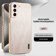 內地直送 - 电镀金丝纹皮质适用于三星21U22U23U24U25U防汗防指纹手机保护套三星2122232425轻奢皮质保护壳-金色 三星Galaxy S21 Plus