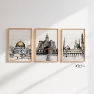 1 Set of Sketch Painting of 3 Holy Mosques – Kaaba, Nabawi Mosque & Dome of the Rock | Islamic Wall 