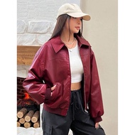 MERAH Hanifolether.id Women's Leather Jacket Maroon Red Long Sleeve Zipper Shoulder Fall Autumn/Ding