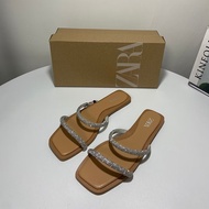 ZARA New 2024 Summer Flat Sandals Women's Rhinestones with a Straight Line Strap for Versatile Wear Flat Sandals Fairy Beach Slippers Women's Shoes