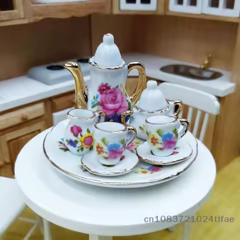 8 Pcs 1:12 Dollhouse Miniature Dining Ware Porcelain Tea Set Dish Cup Plate Humanoid Dolls And Acces