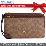 Coach Wristlet In Gift Box Double Zip Wallet In Signature Canvas Tan Brown # CX161