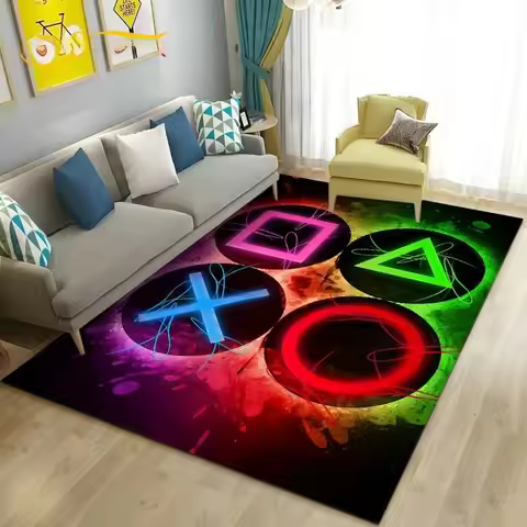 Game Controller Carpet Neon Gamepad Circle Cross Square Triangle Non-slip Rug Mat Living Room Home D