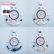 [Meimeier] Meimeier Style Blue White Rudder Anchor Creative Unique Wall Clock Clock Electronic Watch Decoration Nautical Clock