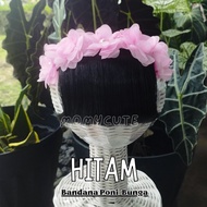 bando bandana wig anak warna hitam bunga putih pink