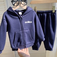 2pcs Baby Boys' Casual Sports Comfortable White Letter Print Navy Loose Hoodie And Pants Set, Suitab