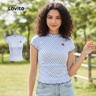 (Fashion-4) Lovito Casual Tshirt Embroidery Spring/summer Blue Tshirt for Women L151AD476
