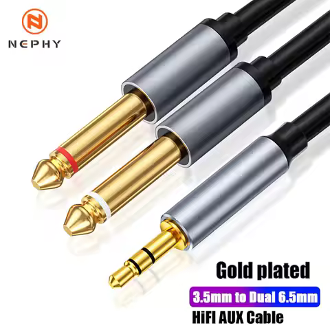 3.5 to Double 6.35 Jack Cable Aux Male to 6.5mm Mono 3.5mm TRS to Dual 6.35mm Y-Splitter Adapter Aud