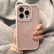 Korea Pink Floral Glitter Diamond Frame Phone Case with Chain for IPhone 16 Plus 15 14 13 12 11 Pro 