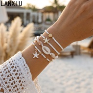 LANXIU White Beaded Ocean Theme Bracelet Set 4Pcs Starfish Shell Conch Design Summer Vacation Jewelr
