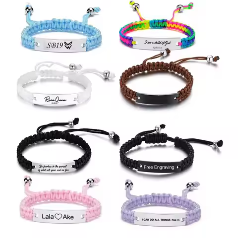 Engraved Personalized Rope ID Bracelet Braided Adjustable Friendship Couples Women Men Custom Name I