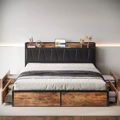 LIKIMIO King /California King Bed Frame with 4 Storage Drawers, Platform Bed with Charged Headboard,