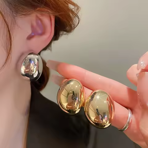 Hollow Oval Bean Shape Stud Earrings for Women Golden Silver Color Smooth Metal Earrings Simple Geom