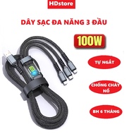 Cáp Sạc Nhanh Dây Sạc Tự Ngắt Bọc Dù 100W Tích Hợp 3 Cổng Micro Usb Type C 3 In 1