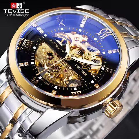 Fashion Tevise Retro Diamond Design Black Gold Mechanical Top Brand Automatic Full Steel Luxury Skel