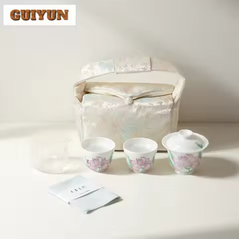 Hand Painted Iris Flower Travel Tea Set Kit Zen 1 Bowl 2 Cups Household Tea Maker Organizer Portable