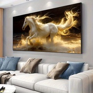 Large Modern Galloping White Canvas Wall Art-Frameless Beach Sunset Painting, Ultra-Wide Modern Livi