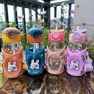 Kawaii Bear Straw Water Cup with Sticker Kettle Plastic Straw Drinking Cup Cute Children Water Bottle for Travel