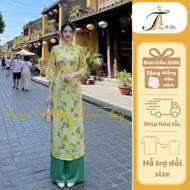 Traditional High Collar Ao Dai with 6D printing, Apricot Damask Material, Code AD91 size S/M/L/XL/2X