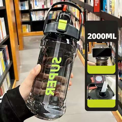 Large-capacity Sports Water Bottle 2 Liters Trendy INS Style Straw Cup with Scale Portable Leak Proo