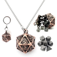 Haxtec Mini Metal DND Dice Set with Hollow Necklace Dice Case Antique Tiny Metal Dice Set D&D Keycha