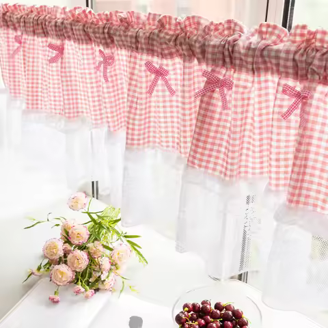 1 Piece, Plaid Lace Short Curtain, Half Curtain, Small Window Curtain, Japanese and Korean Style Dec