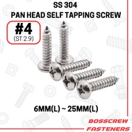 SS 304 Pan Head Self Tapping Screw #4 X (6mm ~ 25mm) (ST 2.9) (Skru Kayu, Skru Perabot)