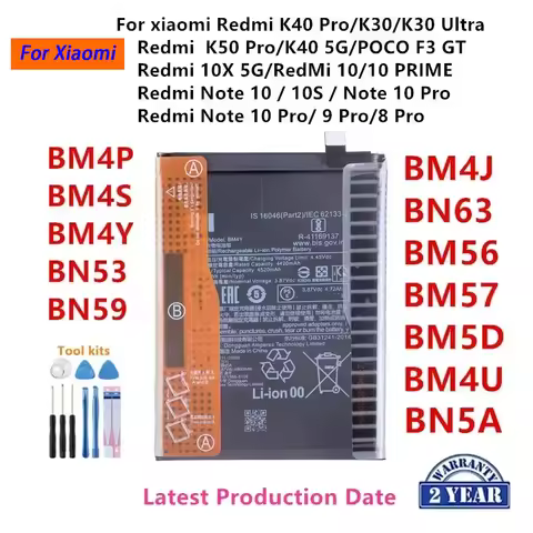 100% Orginal BM4P BM4S BM4Y BN53 BN59 BM4J BN63 BM56 BM57 BM5D BM4U BN5A Battery For Xiaomi Redmi K5