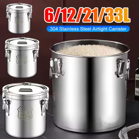 6/12/21/33L 304 Stainless Steel Food Storage Container with Seal Lid Food Oil Sugar Milk Storage Buc