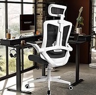 WASAIT Ergonomic Office Chair with Lumbar Support Home Office Desk Chairs White with Flip-up Arms &amp; Comfortable Headrest Cushion Swivel High Back Computer Chair Study Chair Comfy for Teens and Adults