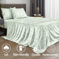 4Pcs/Set Botanical Green Leaves White Flower Pattern Sheet Set Bedding Set, 1pc Fitted Sheet & 1pc F