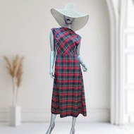 Goelia mix color check boat neck Aline midi dress