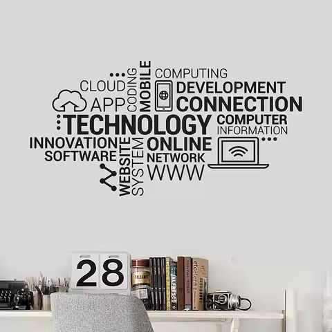 Modern Home Decor Featuring Vinyl Wall Decals with Technology-Themed Words for an Innovative Office 