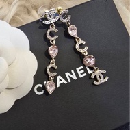 Chanel 香奈兒 23P 滿鑽CC 粉色愛心垂墜耳環/雙C水鑽長鏈款/全新閒置美品