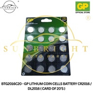 GP LITHIUM COIN CELLS BATTERY CR2016 / DL2016 ( CARD OF 20'S )