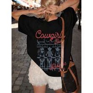 1pc Women's Summer Round Neck Short Sleeve T-Shirt, Western Cowgirl & English Letter Print, Loose Ca