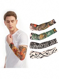 2入組男士刺青紋身紋理uv防護冰絲袖套,適用於夏季戶外活動