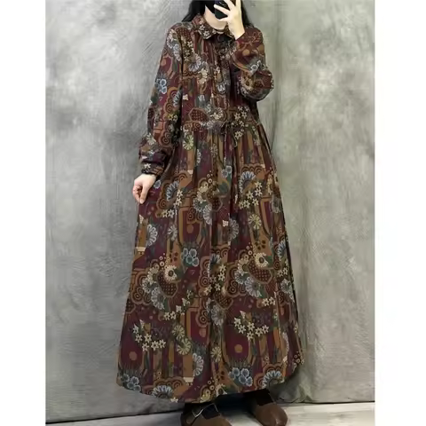 2026 Early Spring Cotton-linen Long Dress Elegant Loose-fitting Plus Size Long Sleeve Dress XY4