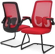 MoNiBloom Office Guest Chair Without Wheels, Lumbar Support Sled Chair Ergonomic Middle Back Task Chair with Flip-Up Arms for Reception Conference Wait Room 250 LBS Capacity, Set of 2, Red