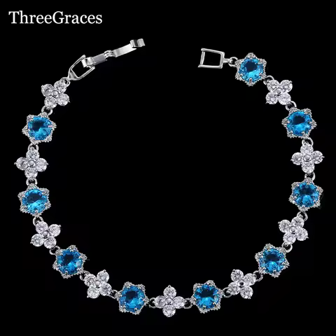 ThreeGraces New Fashion Ladies Light Blue Cubic Zirconia Stone Flower Star Charm Bracelets Bangles f