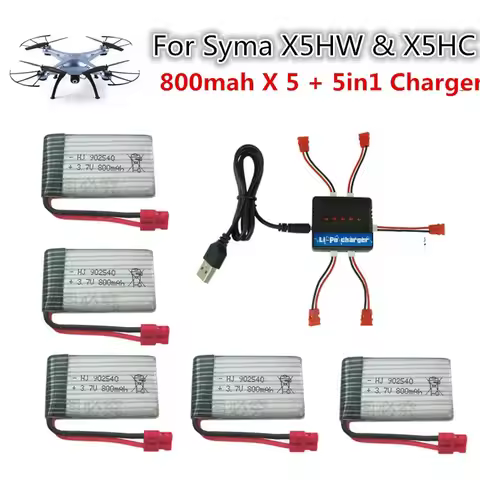 3.7V 800mAh LiPo Battery for SYMA X5hw x5hc RC Drone Quadcopter + AC 5in1 Charger Spare Parts Set